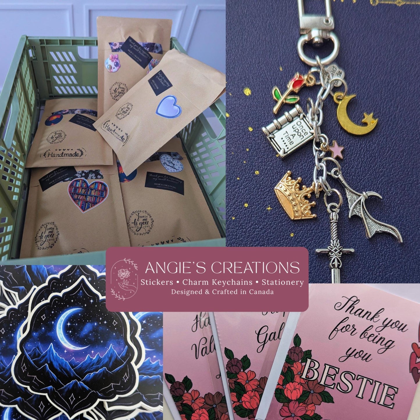 Four panel collage from Angie's Creations Ottawa Canada featuring kraft paper handmade packaging orders decorated with bookish heart library sticker and thank you stickers ready to ship, close up of hand assembled romantasy charm keychain with gold rose charm crescent moon star crown silver sword and dragon wing charms perfect ACOTAR Fourth Wing inspired Kindle eReader accessory gift, close up of waterproof dishwasher safe night court mountain celestial moon sticker with dark navy blue fantasy