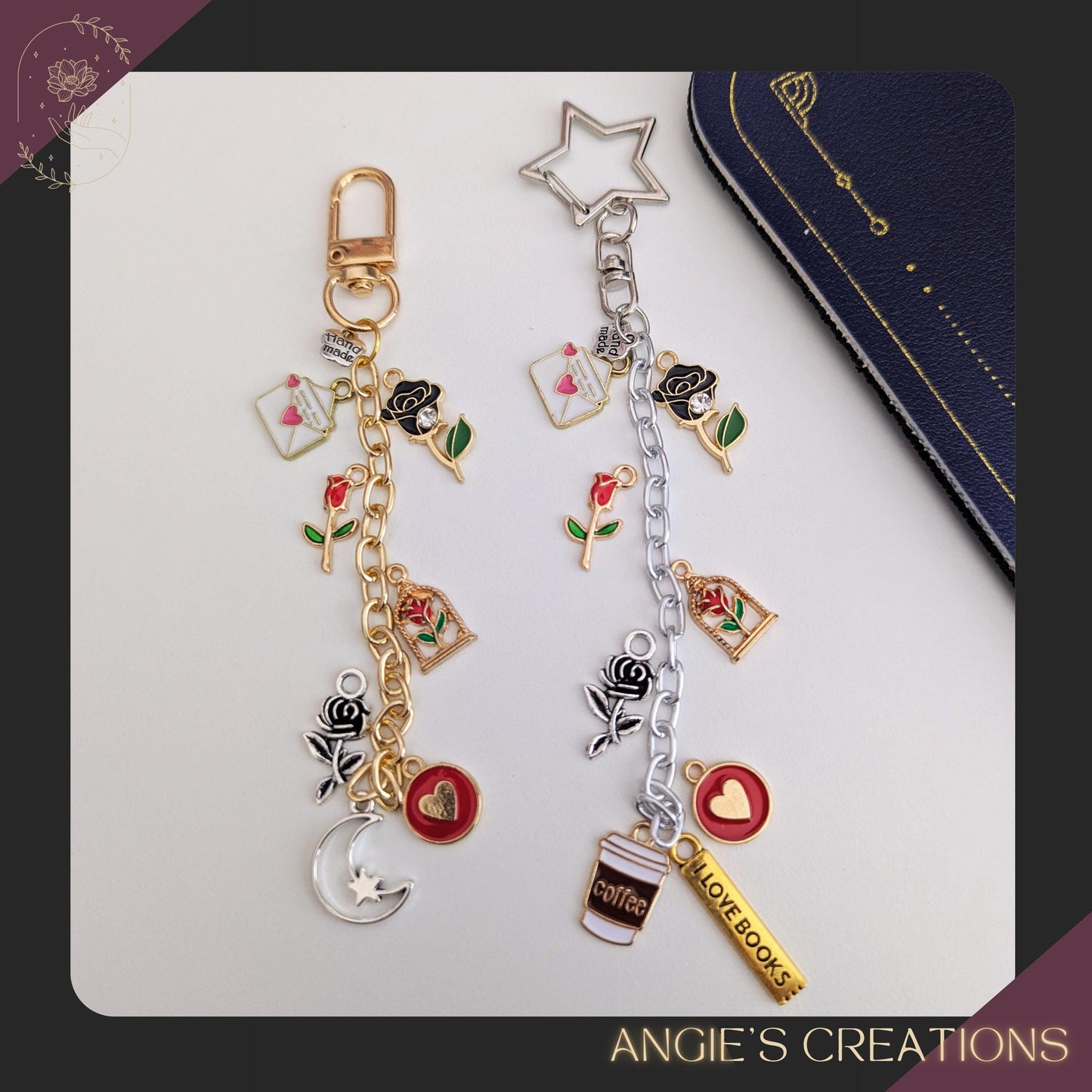 A handmade bookish charm with a silver-toned chain featuring cozy reading-themed enamel charms, including roses, hearts, a coffee cup charm, and an “I Love Books” tag at the end. Styled next to a book for a warm, inviting bookish aesthetic, this charm is designed for readers who love coffee, cozy reading moments, and thoughtful Valentine’s or Galentine’s Day gifts.