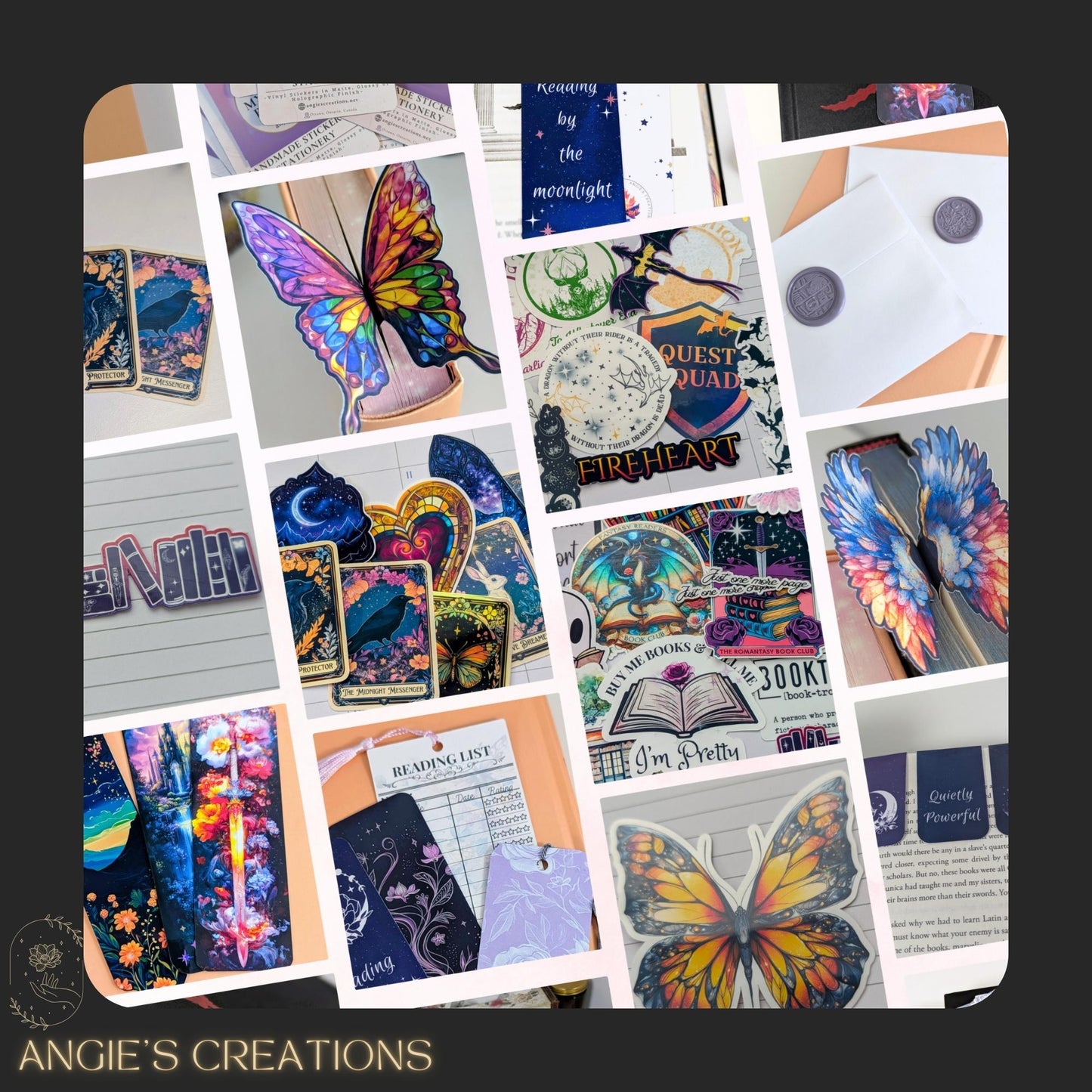 Collage of handmade bookish stationery and gifts from Angie’s Creations, including stickers, bookmarks, sun catchers, wax seals and more. Fantasy and romantasy inspired, crafted in Ottawa by a Canadian women-owned small business.