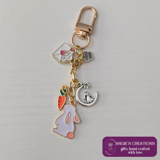 Bookish Hare Charm Keychain | Floral Spring Inspired, Celestial Easter Bunny, Rabbit Egg Bag Chain | Kindle, eReader, Bookstagram Gift