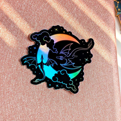 Holographic Dragons & Moon Sticker Bundle, 3" Waterproof Dishwasher Safe Decals, Romantasy Book Lover Reader Gift, Hand Drawn