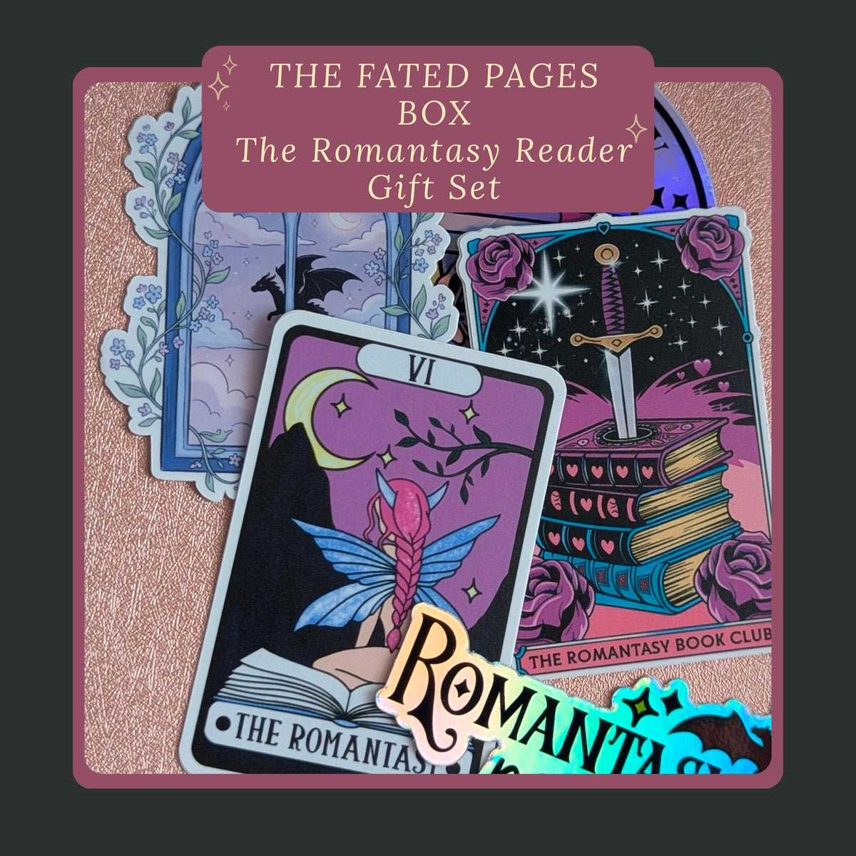 The Fated Pages Gift Box | Romantasy Reader, Trope Charm Keychain Set | Campfire and Romantasy Candle, Floral Sword & Book Bookmark