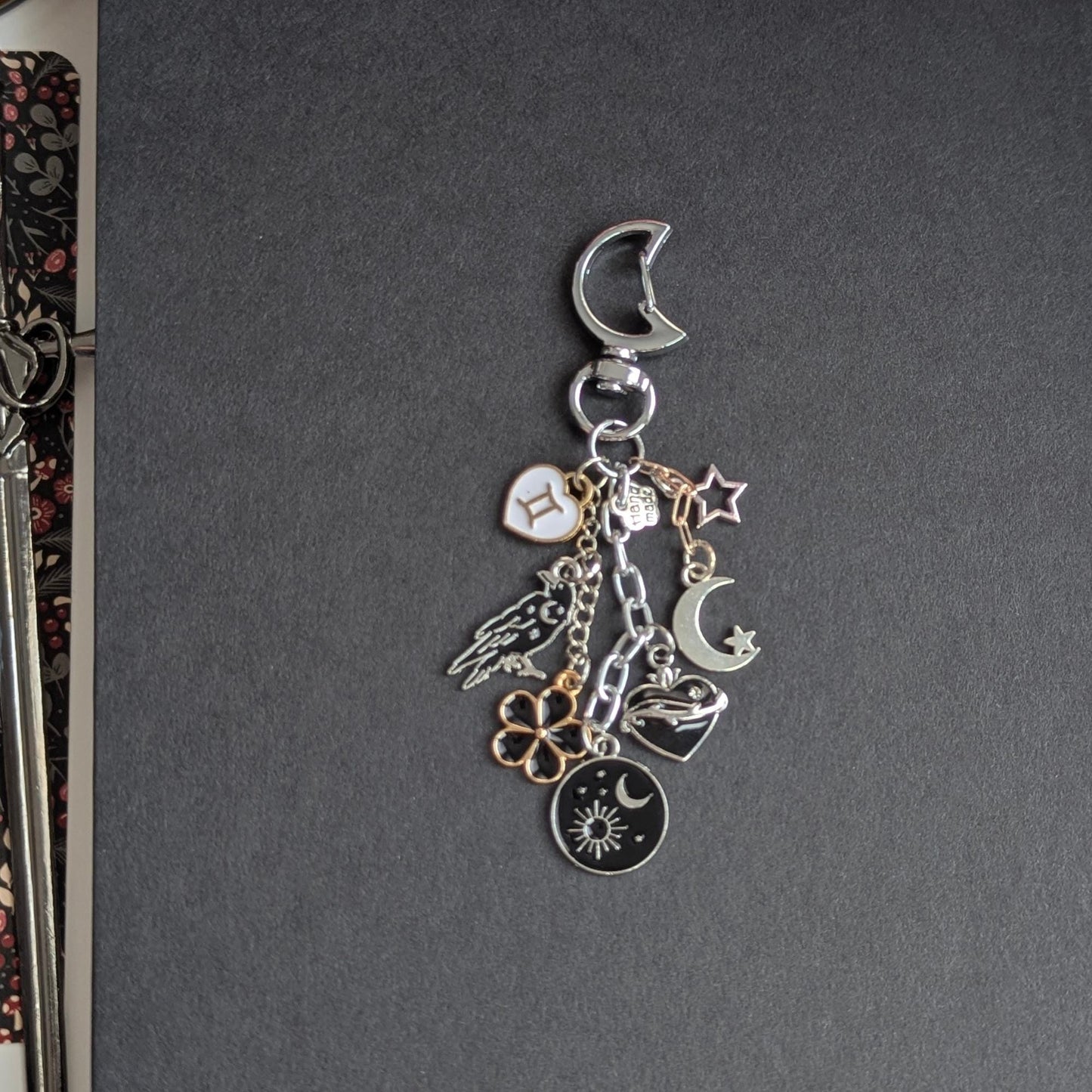 Goth Bag Charm, Crow & Mythical Multi-Chain Keychain, Zinc Alloy.