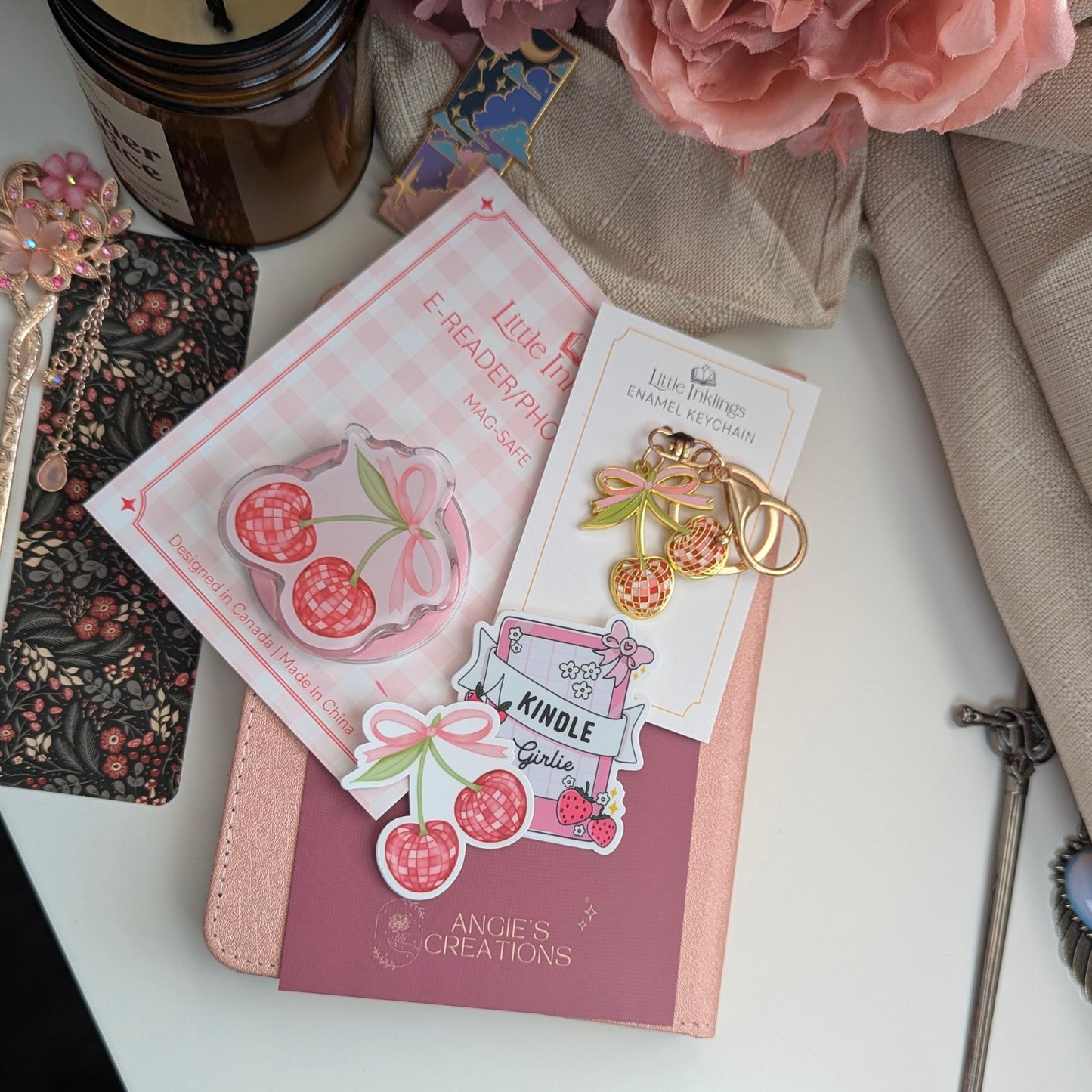 NEW: Disco Cherry Kindle Bundle | Cherry Charm Keychain Enamel Sticker Set | Kindle Kobo E-Reader Gift | Cute Charm Gift Box