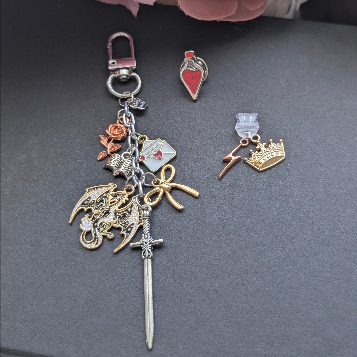 Romantasy Charm Keychain, Rose Coquette Bundle - USB-C Dust Plug.