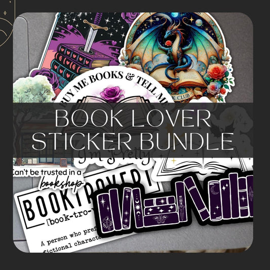 Book lover sticker bundle with various designs on a dark background, featuring the brand 'Angie's Creations'.
