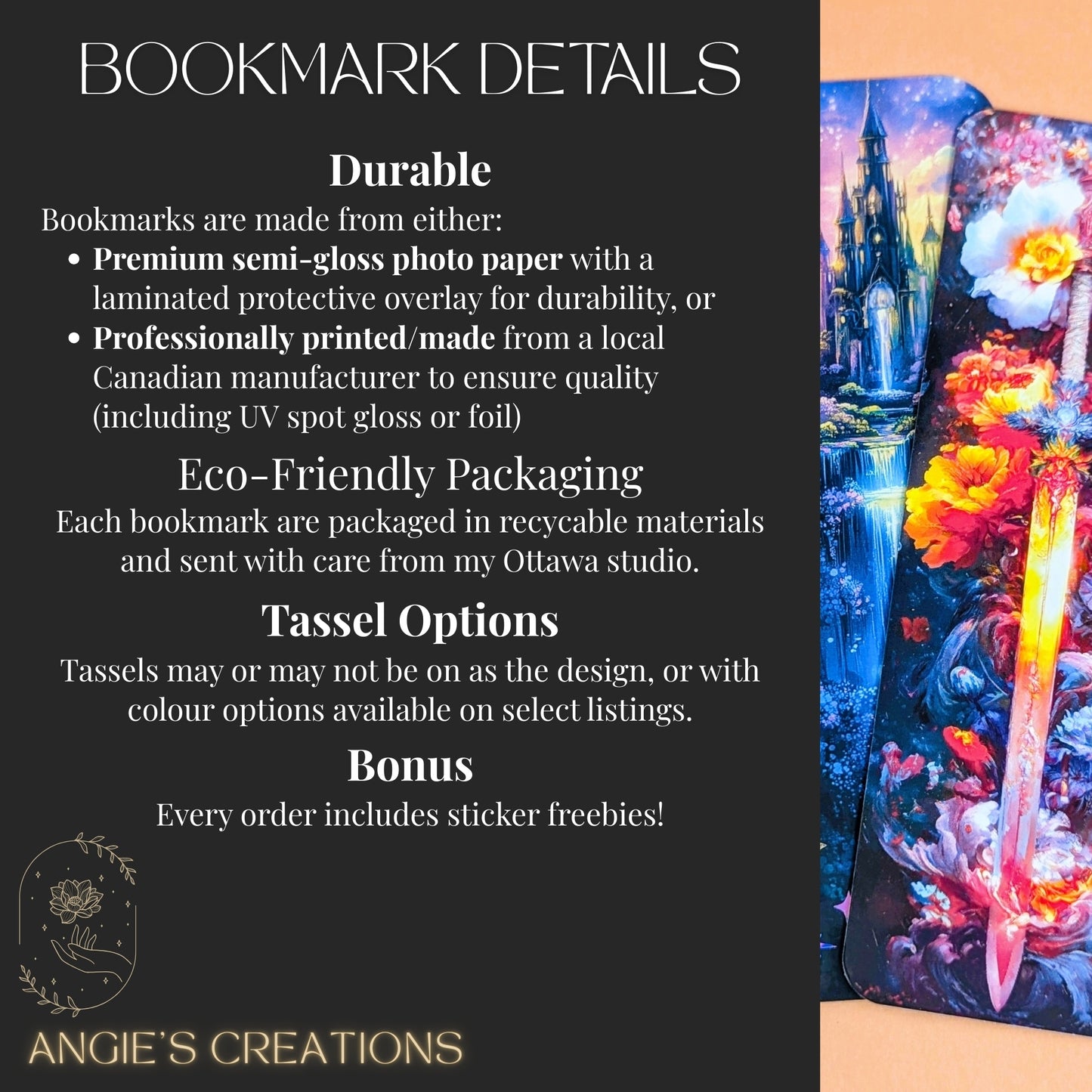 The image is a bookmark with a colorful, artistic design featuring a castle, flowers, and a sword. The bookmark is described as durable, eco-friendly, and tassel-friendly, and it includes a bonus of sticker freebies.