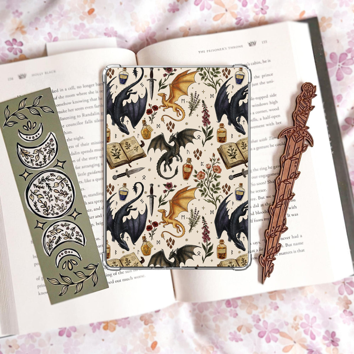 Dragon Apothecary Kindle Insert Bundle | Hand Drawn Fantasy Reader Gift | Navy Blue Handmade Laminated Insert