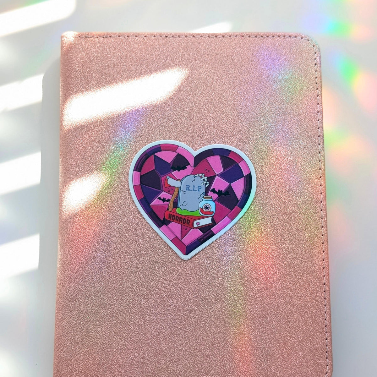Horror Book Club Sticker, 3" Dishwasher Safe Matte Decals, Halloween Stained Glass Heart Style, Mystery Gothic Reader Gift