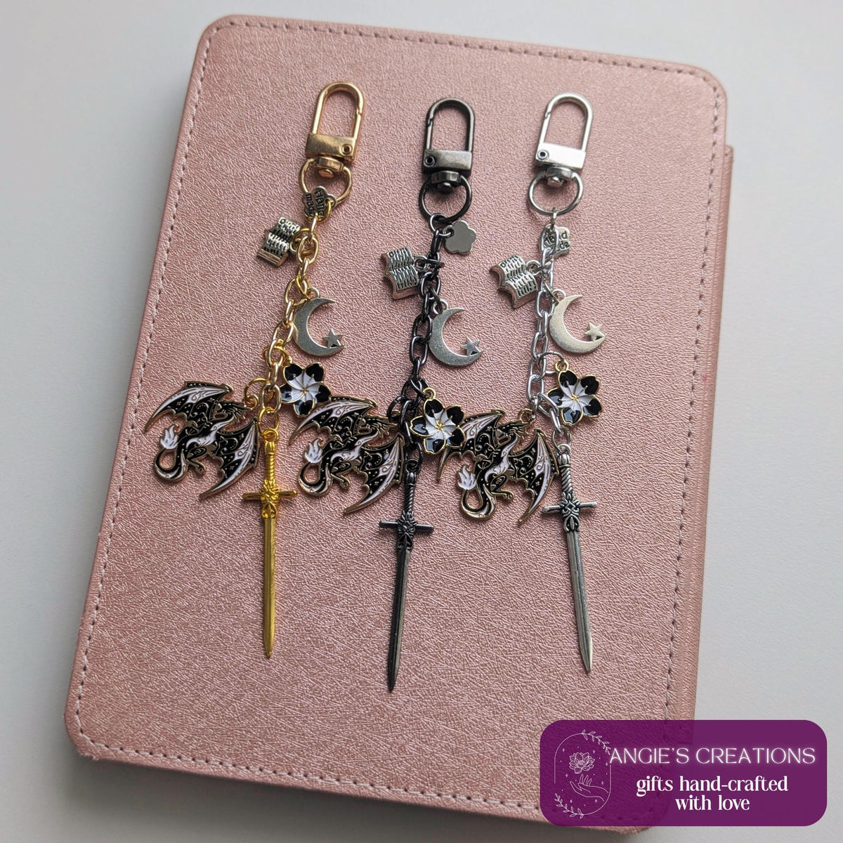 Fourth Wing Inspired Dragon Moon Sword Charm Keychain Bundle | Dust Plug & eReader Mystery Mini Sticker Pack and Attachment Included