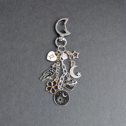 Goth Bag Charm, Crow & Mythical Multi-Chain Keychain, Zinc Alloy.