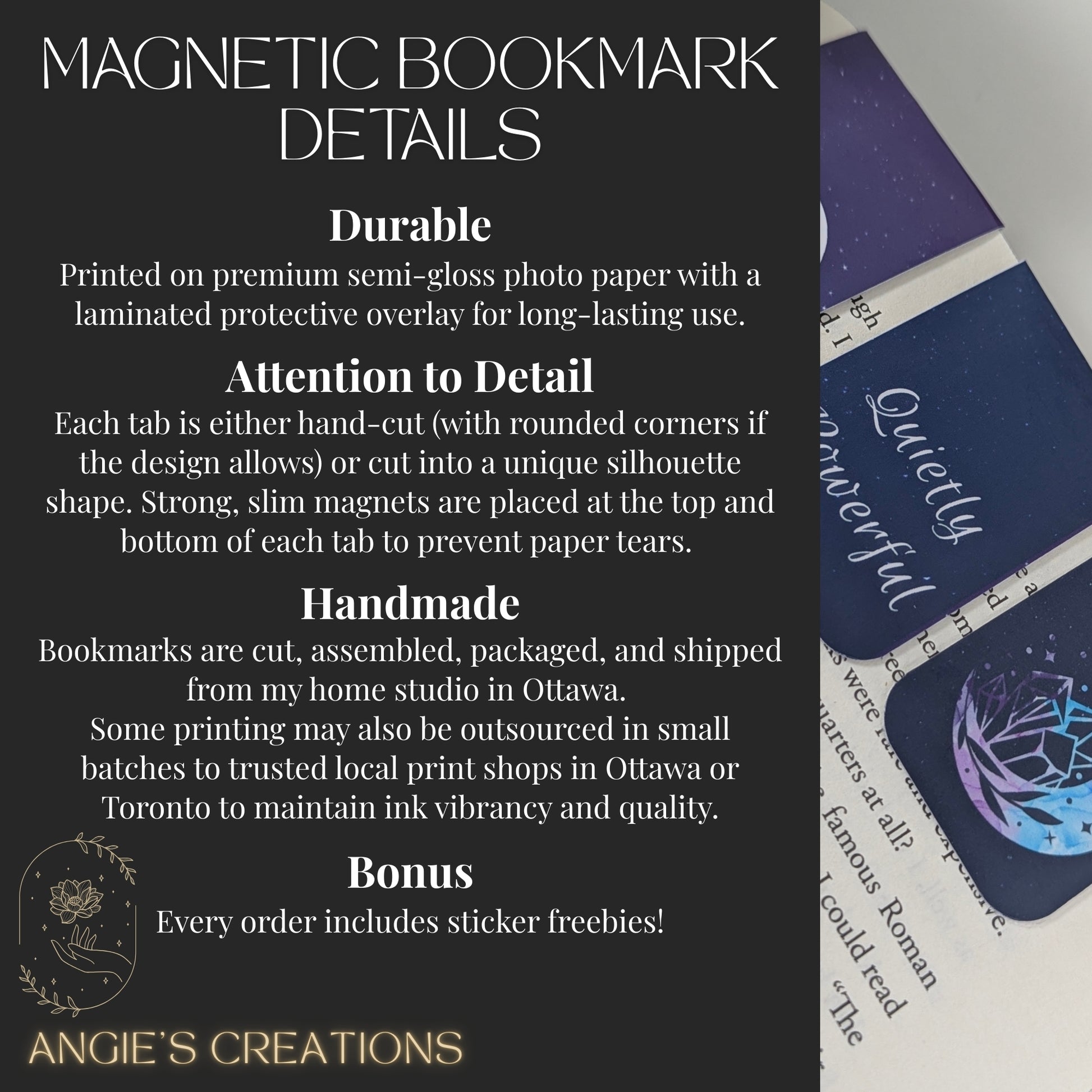 The image is a promotional material for a company called Angie's Creations, featuring a variety of magnets and a handcrafted bookmark. The magnets are described as durable, handcrafted, and include a bonus sticker with freebies. The image is a collage of multiple images, and the text is concise and avoids redundancy.