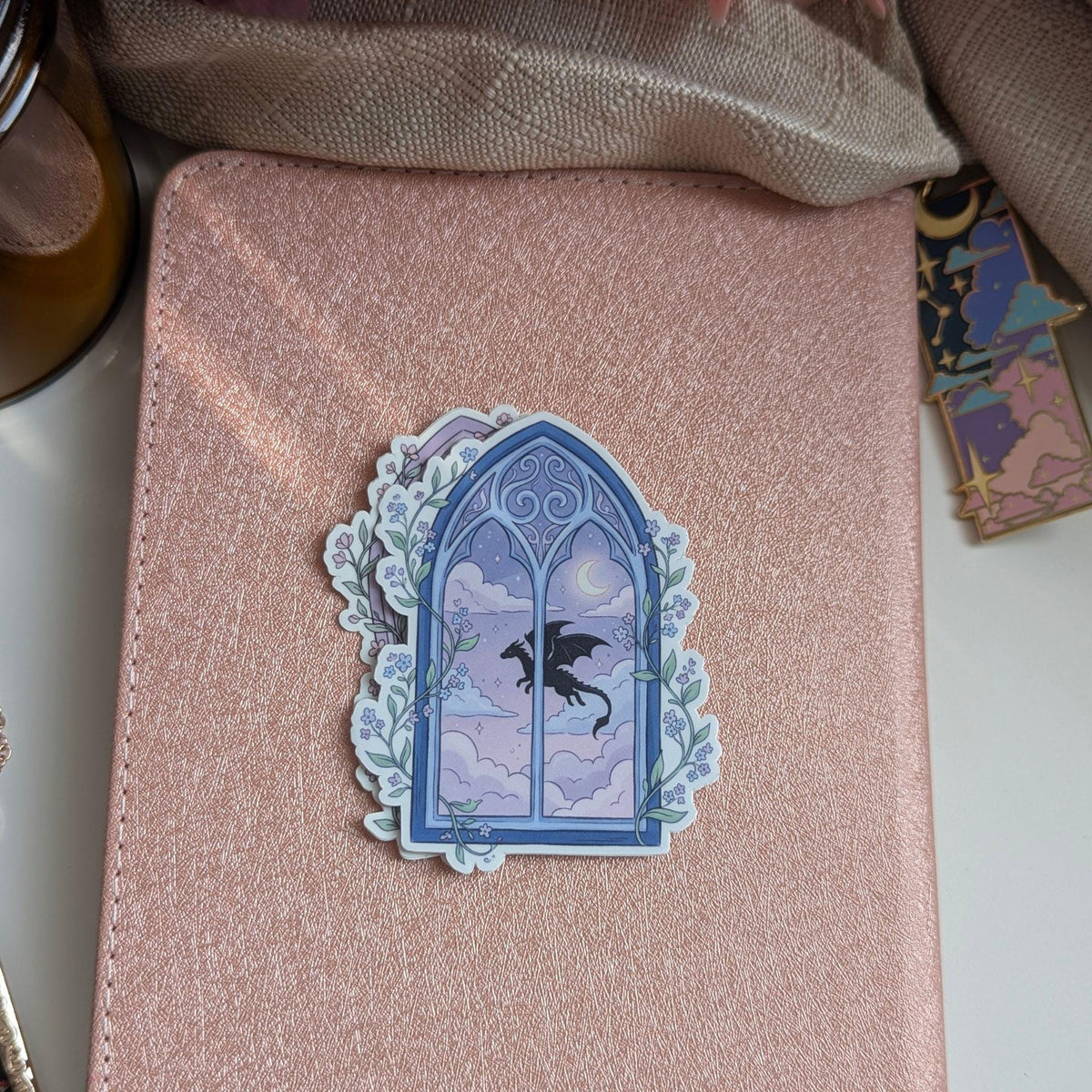Fantasy Dragon Blue Window Arch Sticker, 3" Waterproof Dishwasher Safe