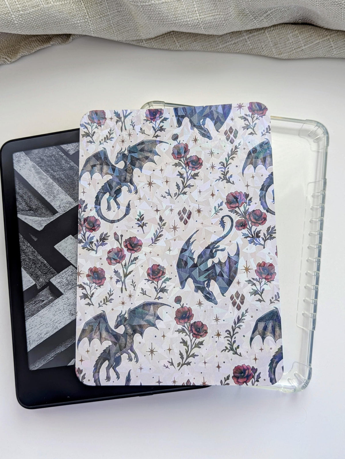 Dragon and Poppies Kindle Insert Bundle | Hand Drawn Dark Fantasy Reader Gift | Handmade Laminated Photo Paper Insert