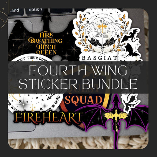 Sticker bundle packaging with various designs and text on a dark background