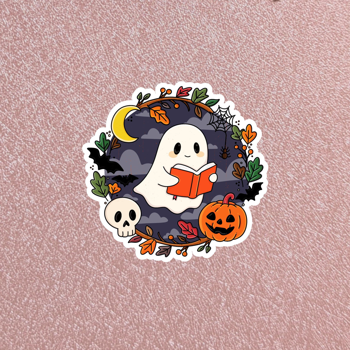 Ghost Reading Wreath Sticker, Hearth & Hallow Collection, 2.5" Waterproof Dishwasher Safe