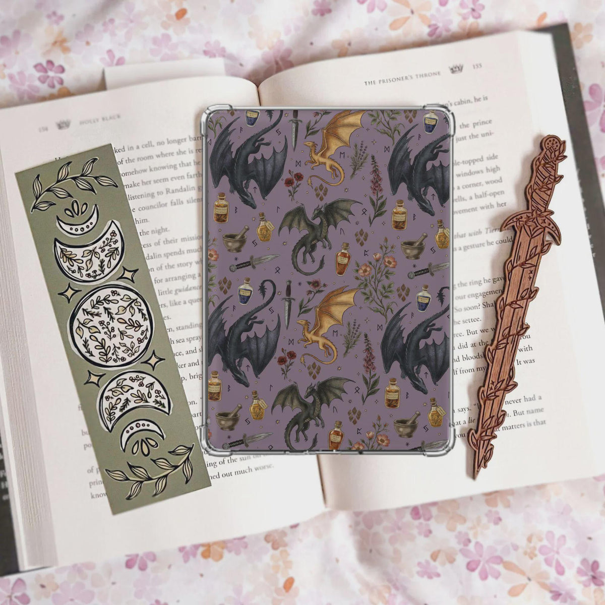 Dragon Apothecary Kindle Insert Bundle | Hand Drawn Fantasy Reader Gift | Navy Blue Handmade Laminated Insert