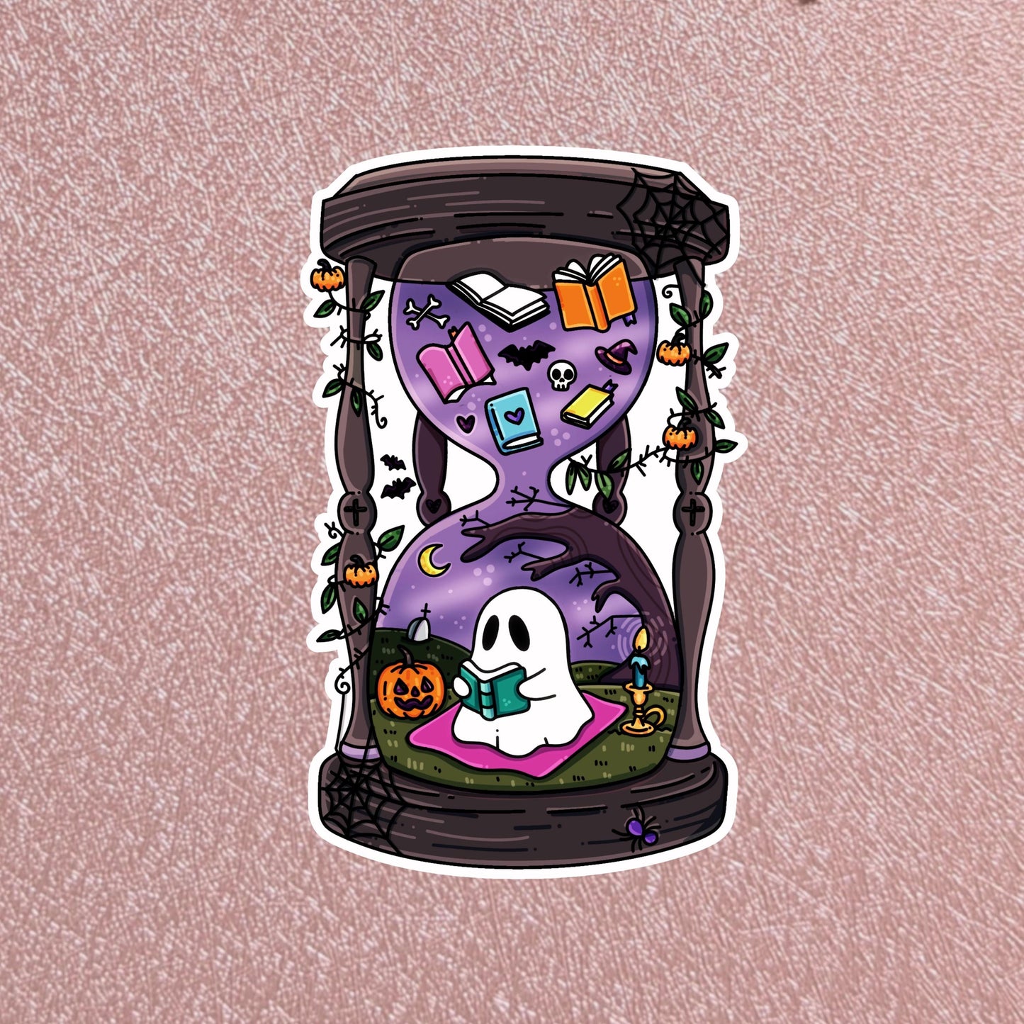 Halloween Ghost Sticker, Hourglass 3" Waterproof Dishwasher Safe.
