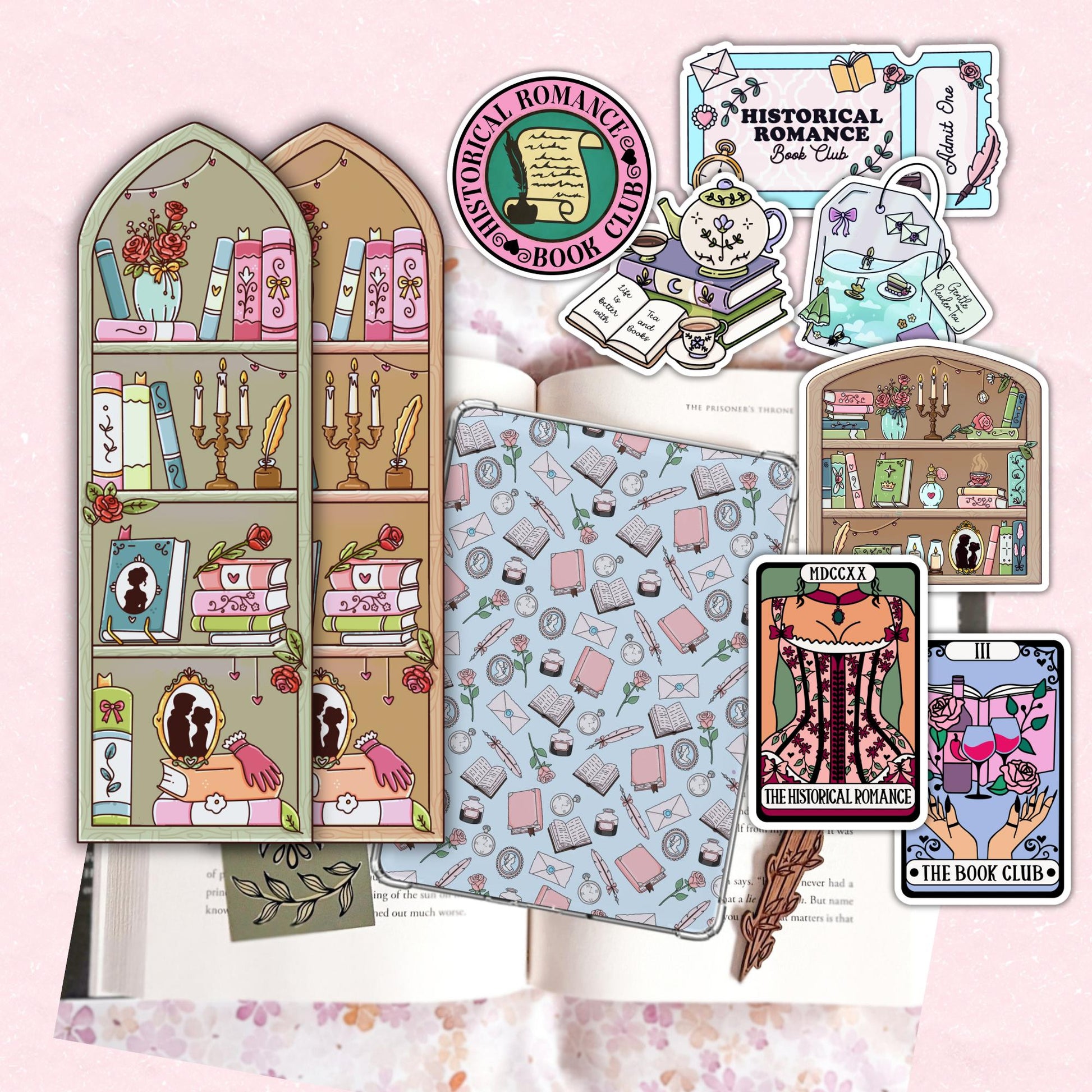 The image is a collage of various illustrations and stickers related to the "Historical Romance Book Club". It includes a bookcase filled with books, a book, and a teapot, as well as a book club sign and a tarot card depicting a woman in a corset.