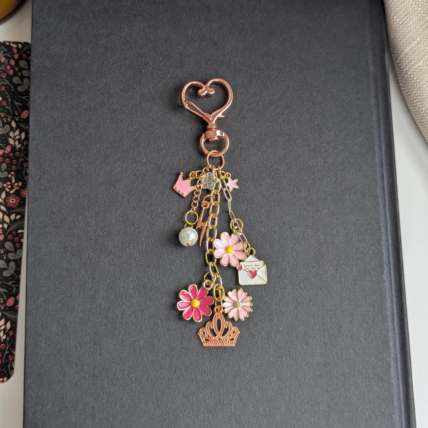 NEW: Feminine Pink Power Bag Charm, Floral Fantasy Princess Multi Chain Keychain
