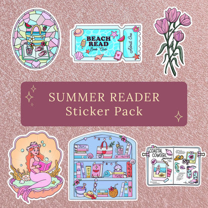 Six-piece sticker set in pastel pink and lavender tones featuring a stained glass beach bag, a Beach Read Book Club admit-one ticket, a tulip bouquet, a mermaid reading on a shell, a bookshelf filled with beach gear, and a Coastal Cowgirl travel journal spread.