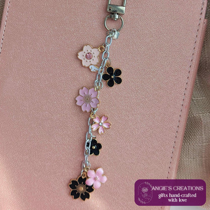 Floral Spring Charm Keychain | Bright Pink and Black Flowers eReader or Kindle Charm Chain Bookstagram Gift