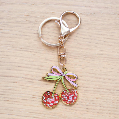 Gold Y2K Sparkly Disco Cherry Enamel Keychain | USB C Dust Plug Included