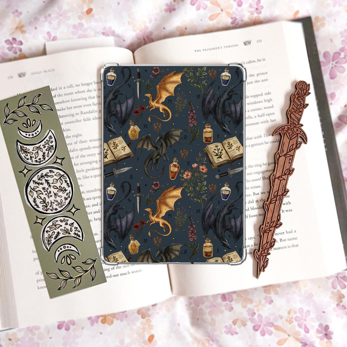Dragon Apothecary Kindle Insert Bundle | Hand Drawn Fantasy Reader Gift | Navy Blue Handmade Laminated Insert