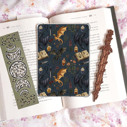Dragon Apothecary Kindle Insert Bundle | Hand Drawn Fantasy Reader Gift | Navy Blue Handmade Laminated Insert