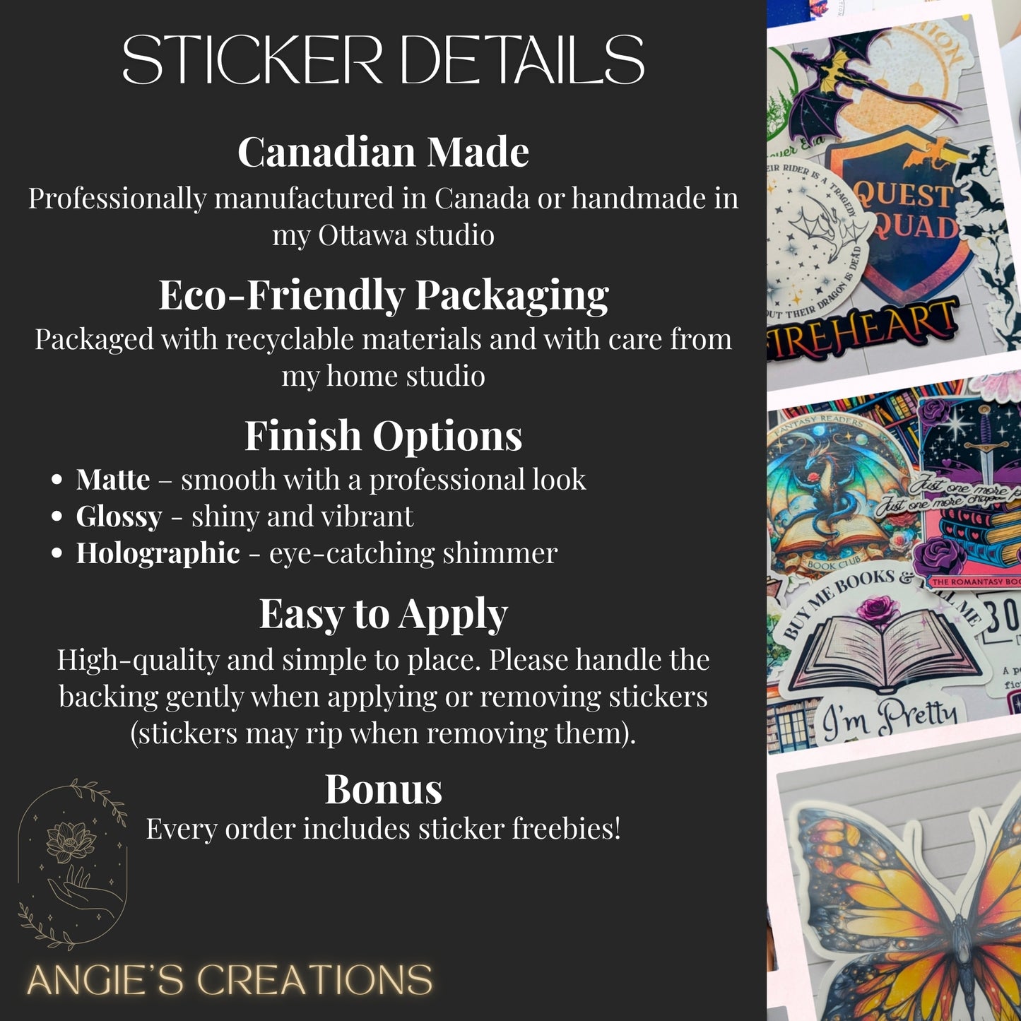 The image is a sticker advertisement for Angie's Creations, featuring a variety of stickers with different designs and finishes. The stickers are described as Canadian-made, eco-friendly, and easy to apply. The ad also includes a bonus feature of every order, which includes sticker freebies.