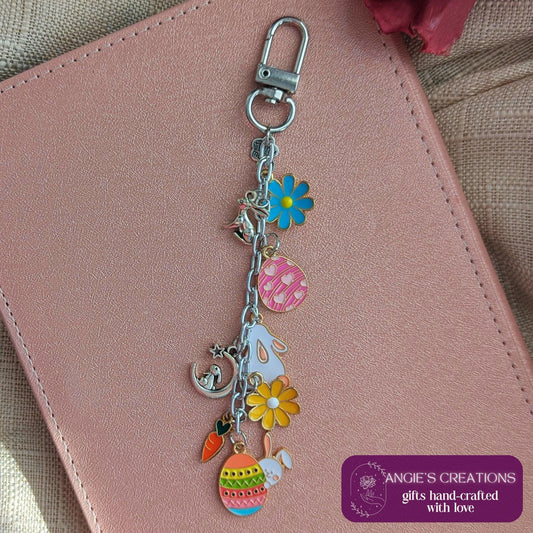 Spring Easter Bunny Keychain | Bright Colourful Egg and Floral eReader or Kindle Charm Chain Bookstagram Gift