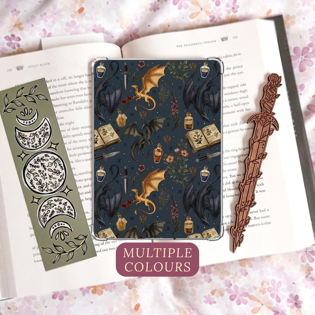 Dragon Apothecary Kindle Insert Bundle | Hand Drawn Fantasy Reader Gift | Navy Blue Handmade Laminated Insert