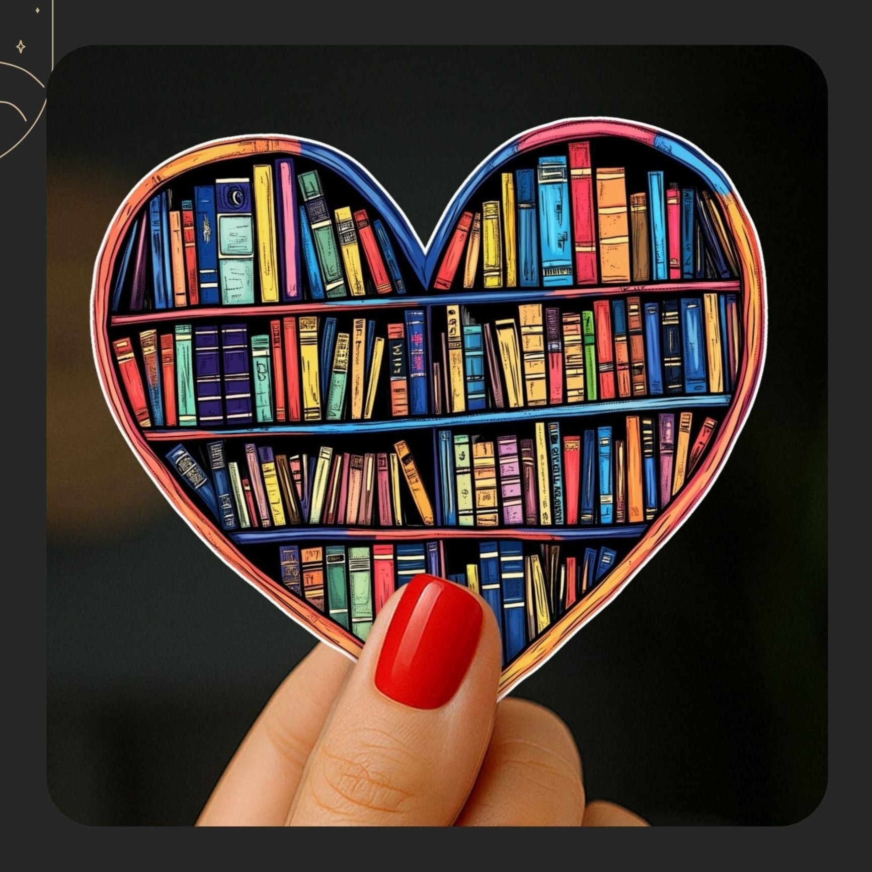 Show your love for books with this vibrant heart-shaped bookshelf sticker. Perfect for romantasy readers, fantasy fans, and cozy bookworms, it makes a colorful addition to laptops, Kindles, and reading journals. A warm and whimsical design for any bookish soul.