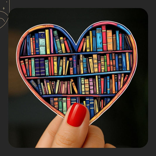 Show your love for books with this vibrant heart-shaped bookshelf sticker. Perfect for romantasy readers, fantasy fans, and cozy bookworms, it makes a colorful addition to laptops, Kindles, and reading journals. A warm and whimsical design for any bookish soul.