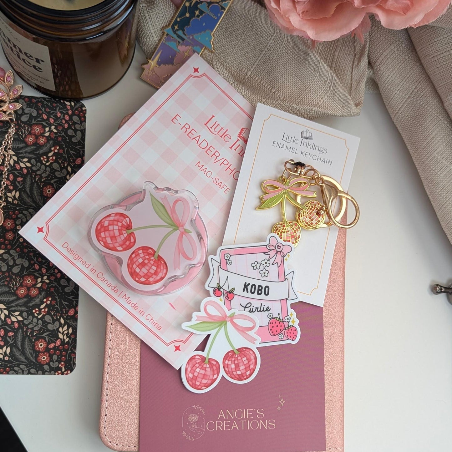 NEW: Disco Cherry Kindle Bundle | Cherry Charm Keychain Enamel Sticker Set | Kindle Kobo E-Reader Gift | Cute Charm Gift Box