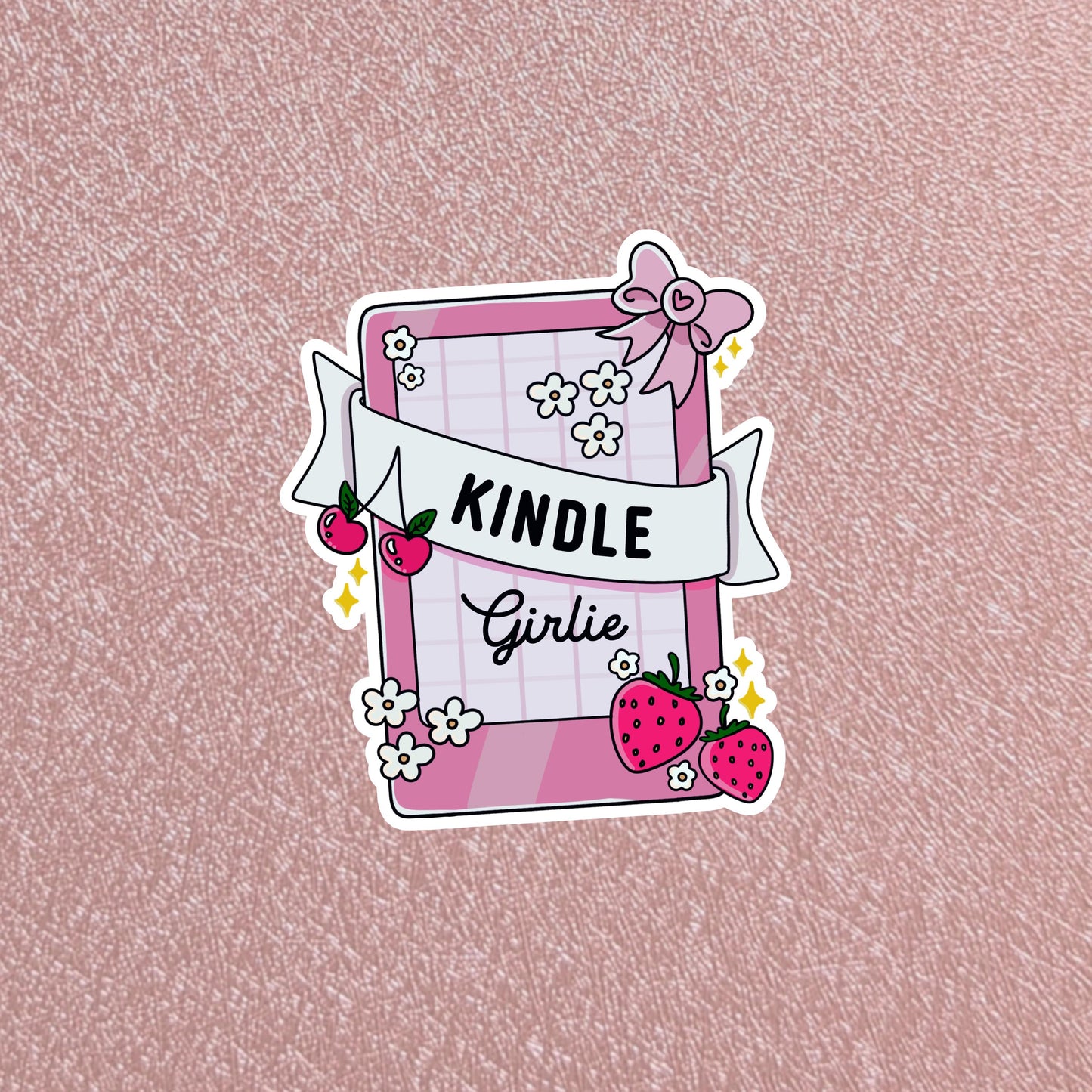 Summer Strawberry Kindle Girlie Sticker, 2.5" Waterproof Dishwasher Safe Smooth Matte Decals, Romantasy Book Lover Reader Gift, Hand Drawn