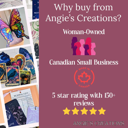 Why buy from Angie's Creations infographic highlighting woman owned Canadian small business, featuring romantasy bookish waterproof dishwasher safe stickers charm keychains and fantasy inspired stationery, five star rating with 150 plus verified Etsy reviews, designed and manufactured locally in Ottawa Ontario Canada