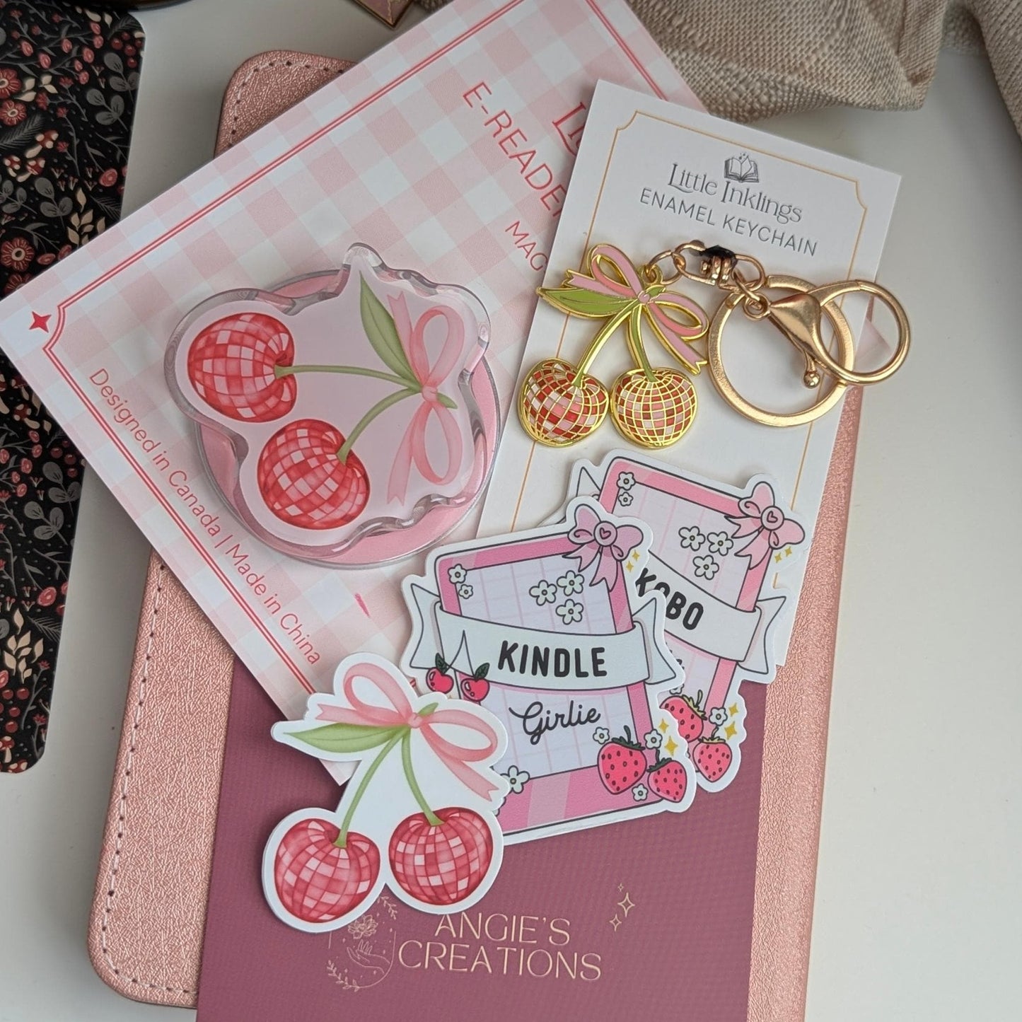 NEW: Disco Cherry Kindle Bundle | Cherry Charm Keychain Enamel Sticker Set | Kindle Kobo E-Reader Gift | Cute Charm Gift Box