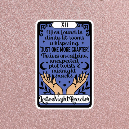 Late Night Reader Tarot Card Sticker, 3" Waterproof Dishwasher Safe Smooth Matte Decals, Romantasy Book Lover Reader Gift, Hand Drawn