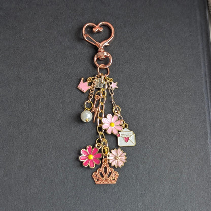 NEW: Feminine Pink Power Bag Charm, Floral Fantasy Princess Multi Chain Keychain