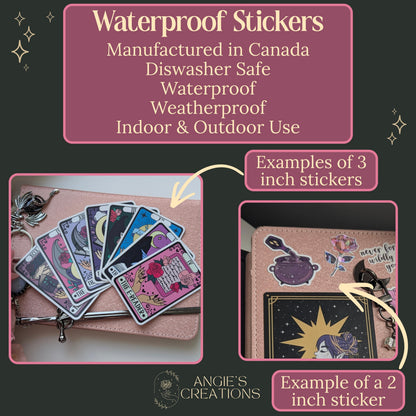Waterproof sticker info card noting Canadian manufacturing, dishwasher safe and weatherproof materials for indoor or outdoor use, with 3 inch tarot card stickers and 2 inch cauldron and rose stickers shown on a rose gold journal. Angie's Creations durable bookish stickers.