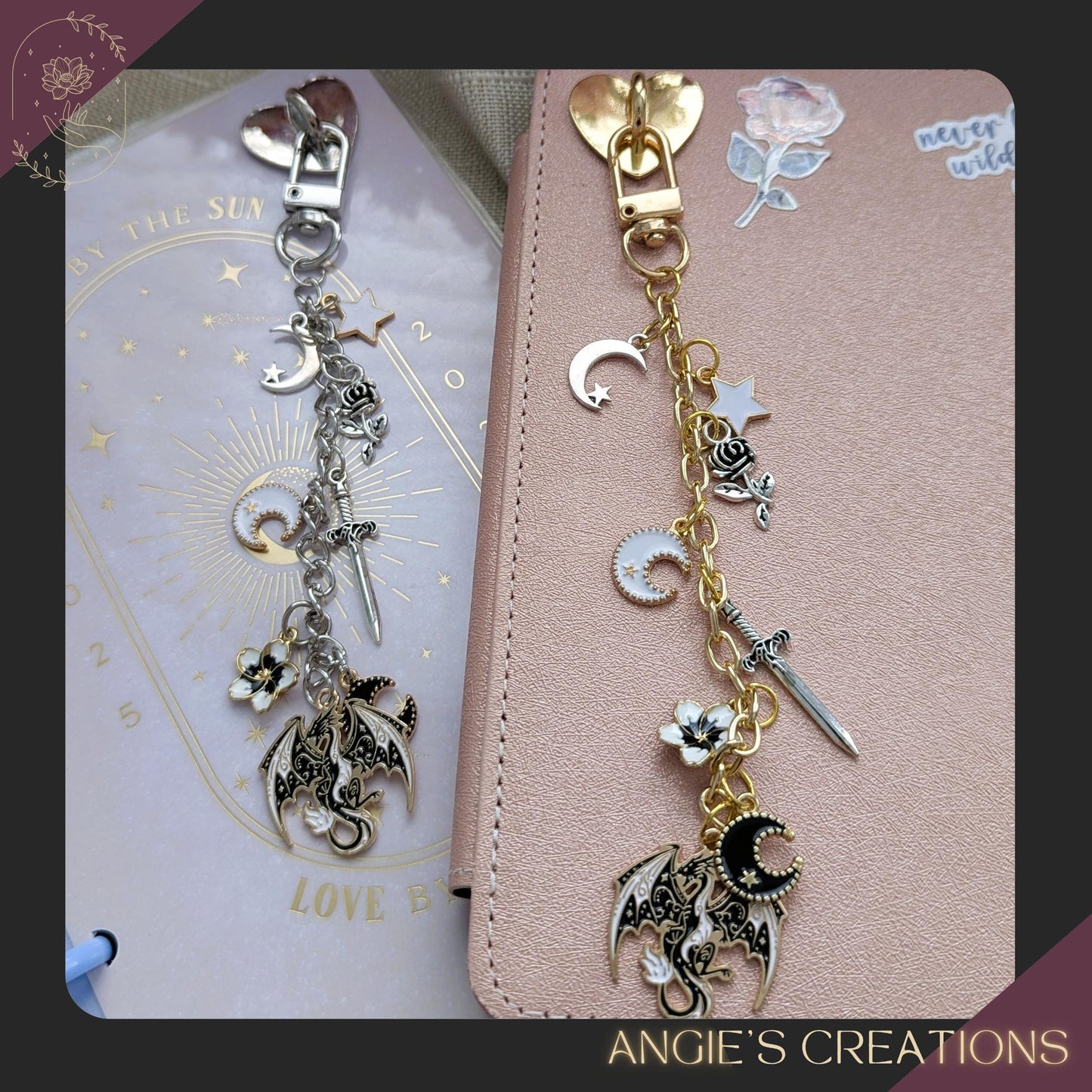 A silver chain Kindle charm displayed on a pastel planner, featuring dragon, moon, sword, star, and rose charms in a romantasy aesthetic.