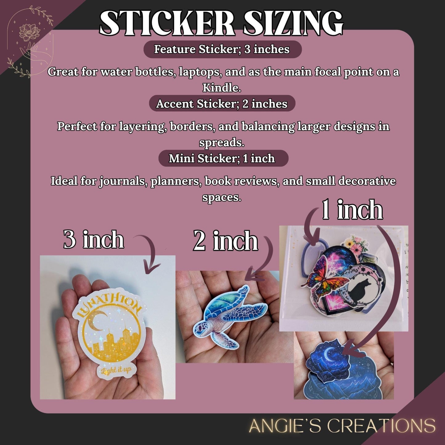 The image is a sticker size guide for different sticker sizes, including 3 inches, 2 inches, and 1 inch. It features various stickers, such as a 3-inch sticker, a 2-inch sticker, and a 1-inch sticker, as well as images of hands holding these stickers.