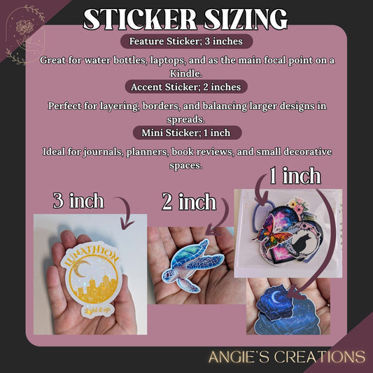 The image is a sticker size guide for different sticker sizes, including 3 inches, 2 inches, and 1 inch. It features various stickers, such as a 3-inch sticker, a 2-inch sticker, and a 1-inch sticker, as well as images of hands holding these stickers.