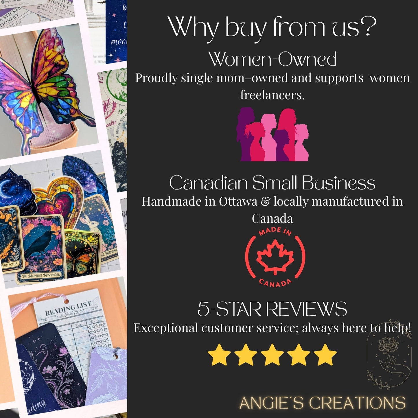 The image is a promotional poster for a business called Angie's Creations, featuring a collage of images related to the business, such as a butterfly, a butterfly-themed card, and a butterfly-shaped keychain. The text on the poster highlights the business's unique selling points, including that it is a women-owned business, Canadian, and has a 5-star rating from customers.