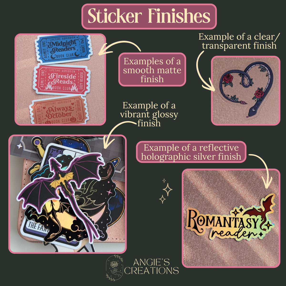 Sticker finish comparison guide featuring smooth matte book club ticket stickers, a clear transparent snake and rose heart sticker, glossy dragon and moon stickers, and a holographic silver Romantasy Reader sticker. Angie's Creations sticker finishes explained for bookish decor.