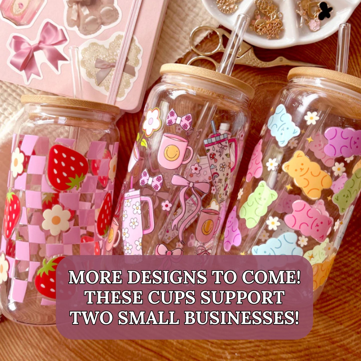 Angie's Creations 16oz Libbey can glass cups with bamboo lids and glass straws featuring DTF wrap designs including pink strawberry checkerboard, coquette coffee bows, and rainbow gummy bears. Canadian small business bookish and coquette drinkware designed in Ottawa, supporting two small businesses with every purchase.