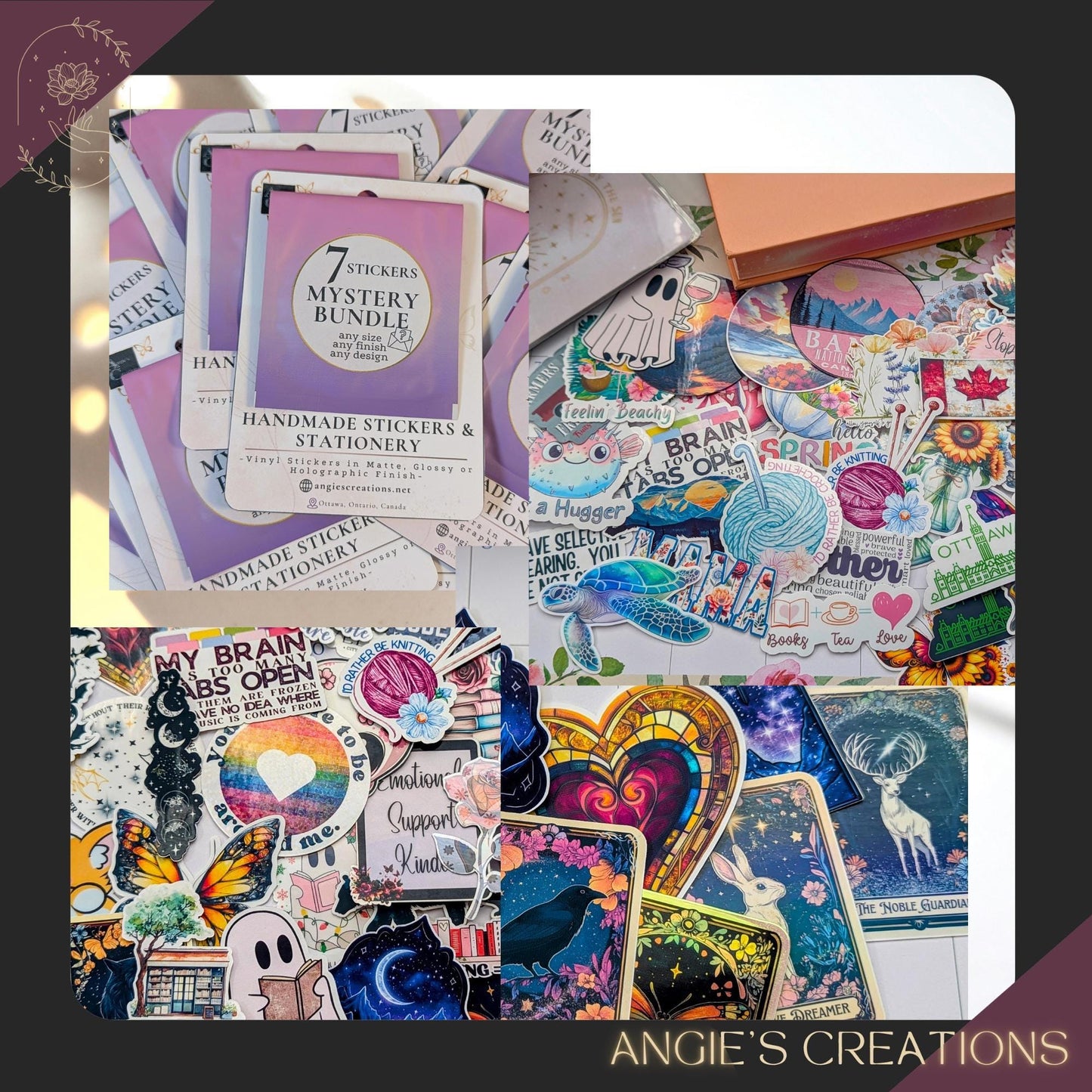 Collage of colorful stickers with 'Angie's Creations' branding.