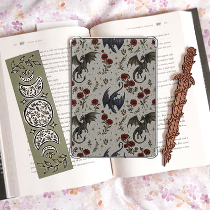 Dragon and Poppies Kindle Insert | Hand Drawn Dark Fantasy Reader Gift | Handmade Laminated Photo Paper Insert