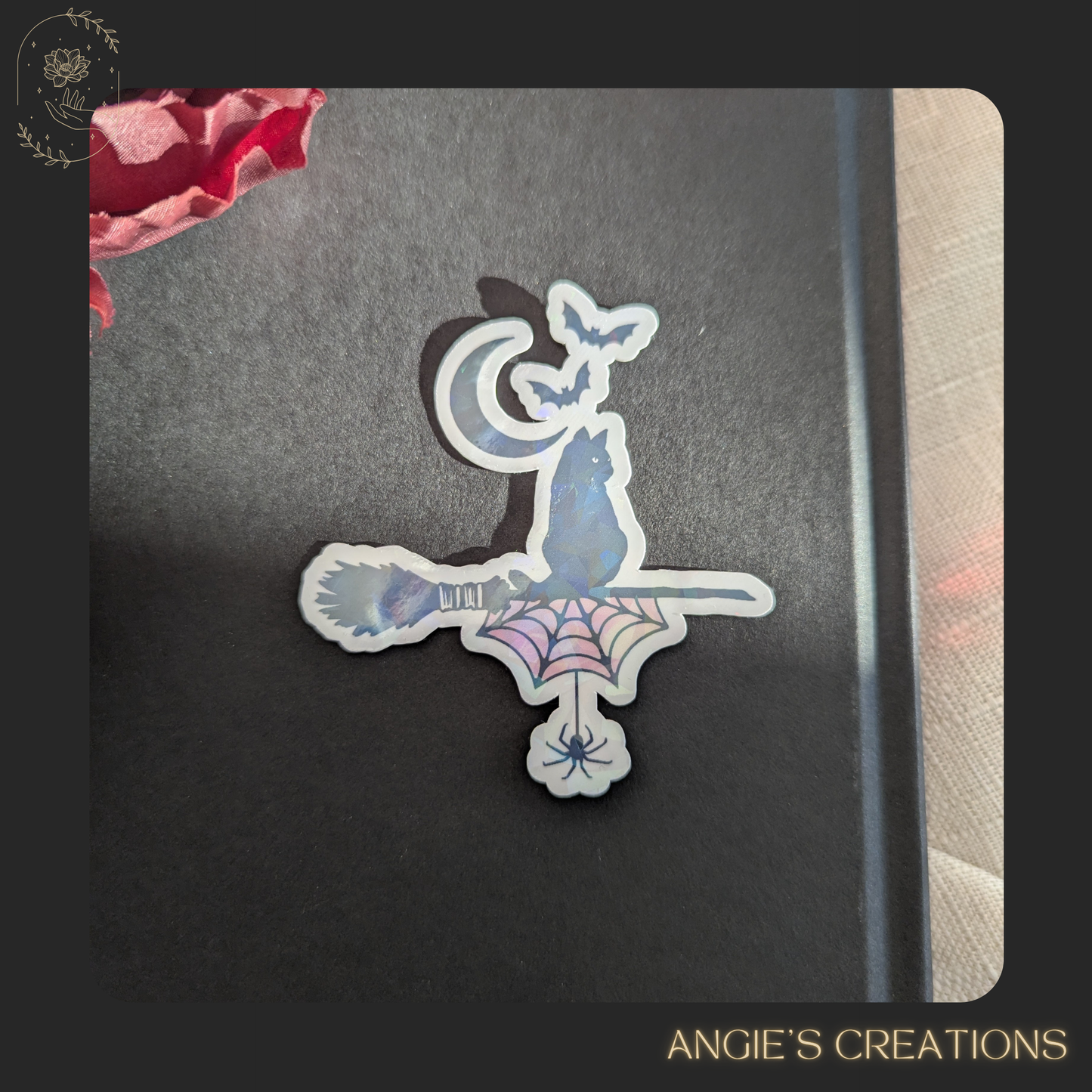 Halloween Cat on Witchy Broomstick Vinyl Sticker